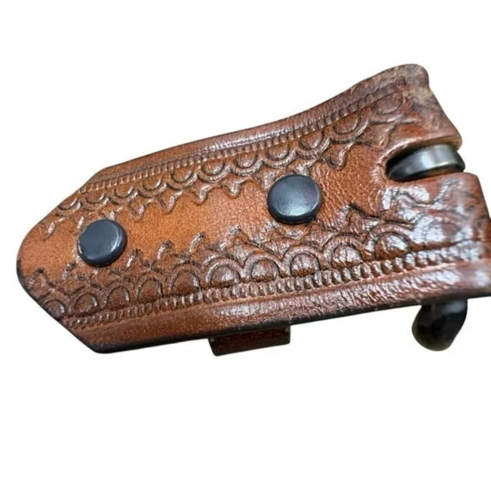 VTG 70s Western Boho Leather Brown Belt Tooled Handcrafted Design Men’s 45”